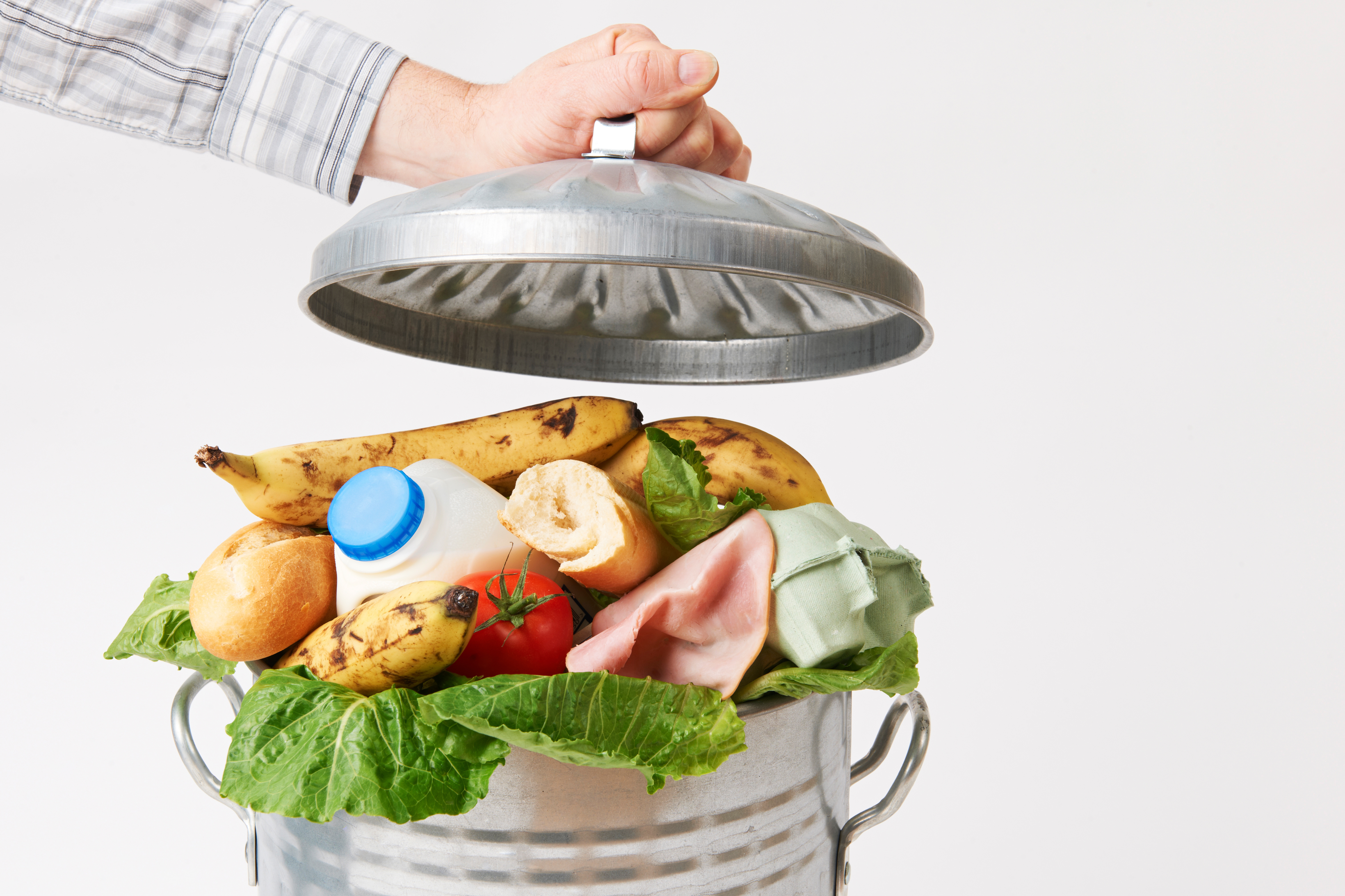 Разрушь еду. Пищевые отходы. Утилизация пищевых отходов. Мусорное ведро с едой.