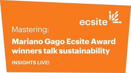 Orange coloured square with the words "Mariano Gago Ecsite Award winners talk sustainability"