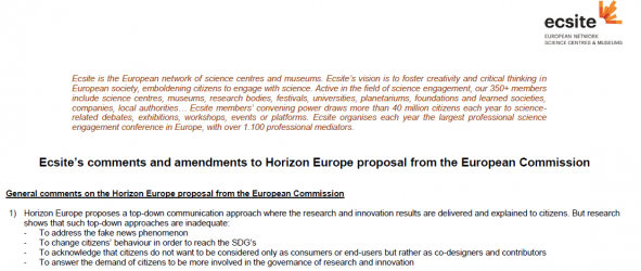 Ecsite amendments to Horizon Europe 