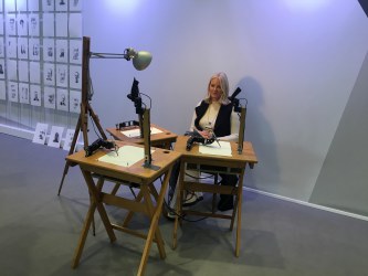 Crown Princess Mette-Marit of Norway getting her portrait drawn by 3RNP. From Science Gallery's account of the 2017  World Economic Forum Davos