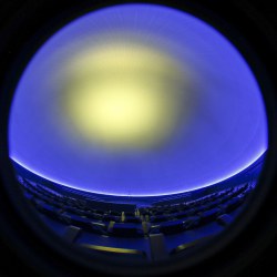 Image of the Heureka Planetarium, lit in the colours of the Ukrainian flag. Credit: Heureka - the Finnish Science Centre