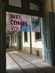 #Ecsite2017 banner at the Alfandega congress centre, Porto, Portugal