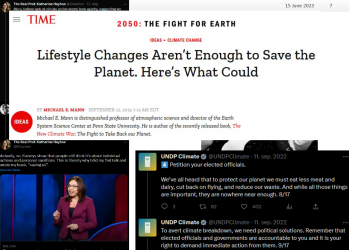 Screenshot of Jens Astrup presentation, mix of tweets and newspapers screenshot. Main message can read: life changes arent enough to save the planet: here's what could
