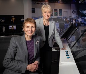 Britain’s first astronaut Helen Sharman (left) and Linda Conlon (right) in Mission Control in Life Science Centre’s new Space Zone. Image credit: Life Science Centre
