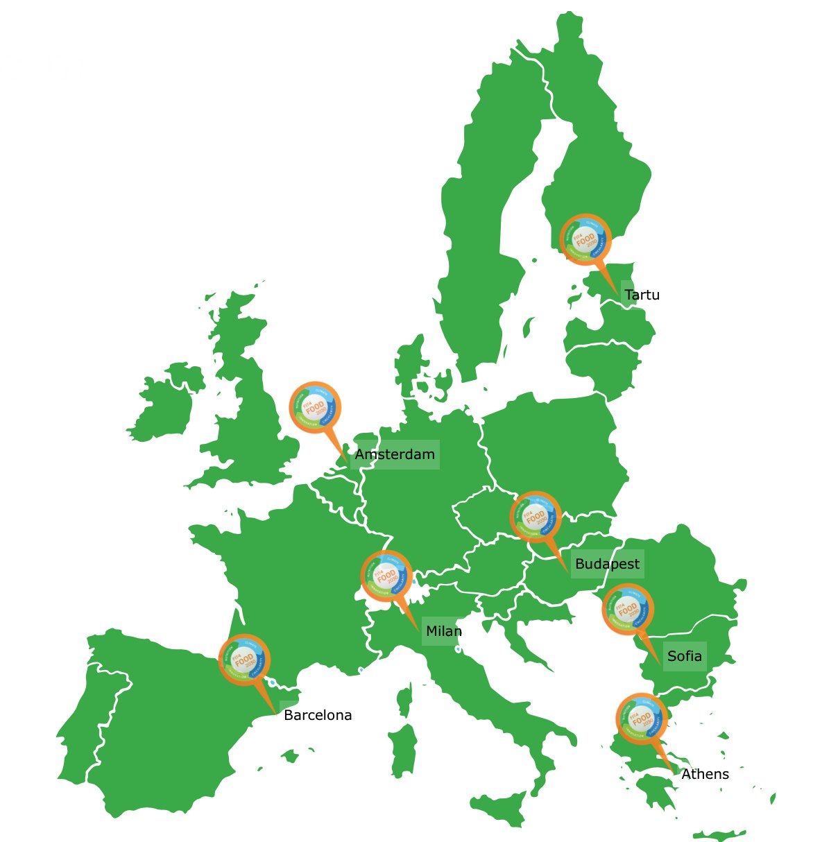 European Union map showing locations of FIT4FOOD2030 City Labs