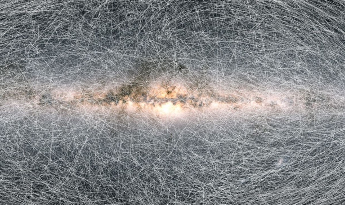 Trails showing how 40,000 stars in the Galaxy will move across the sky in the next 400,000 years. Credit: ESA/Gaia/DPAC (CC BY-SA 3.0 IGO)