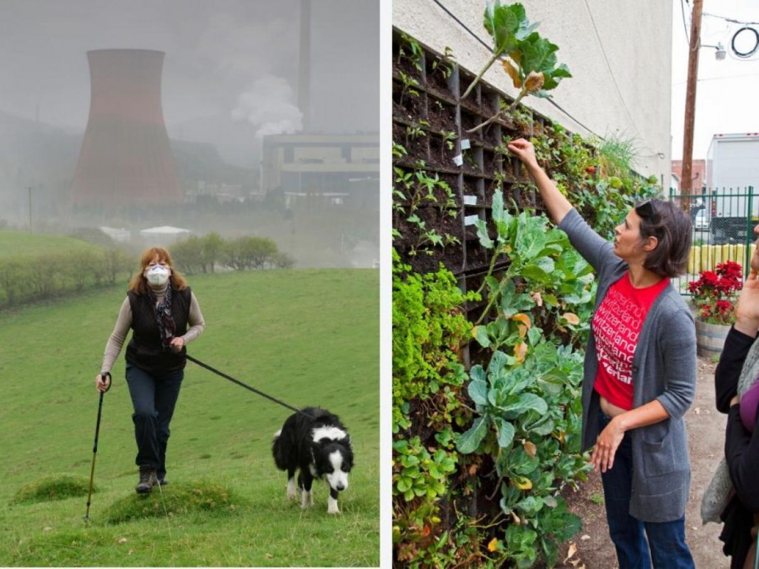 "Dog Walk by Power Station" (Left) Image Credit: Dave Bagnall / Alamy. "Vertical Garden" (Right) Image Credit: Peter Bennett / Citizen of the Planet / Alamy Stock Photo