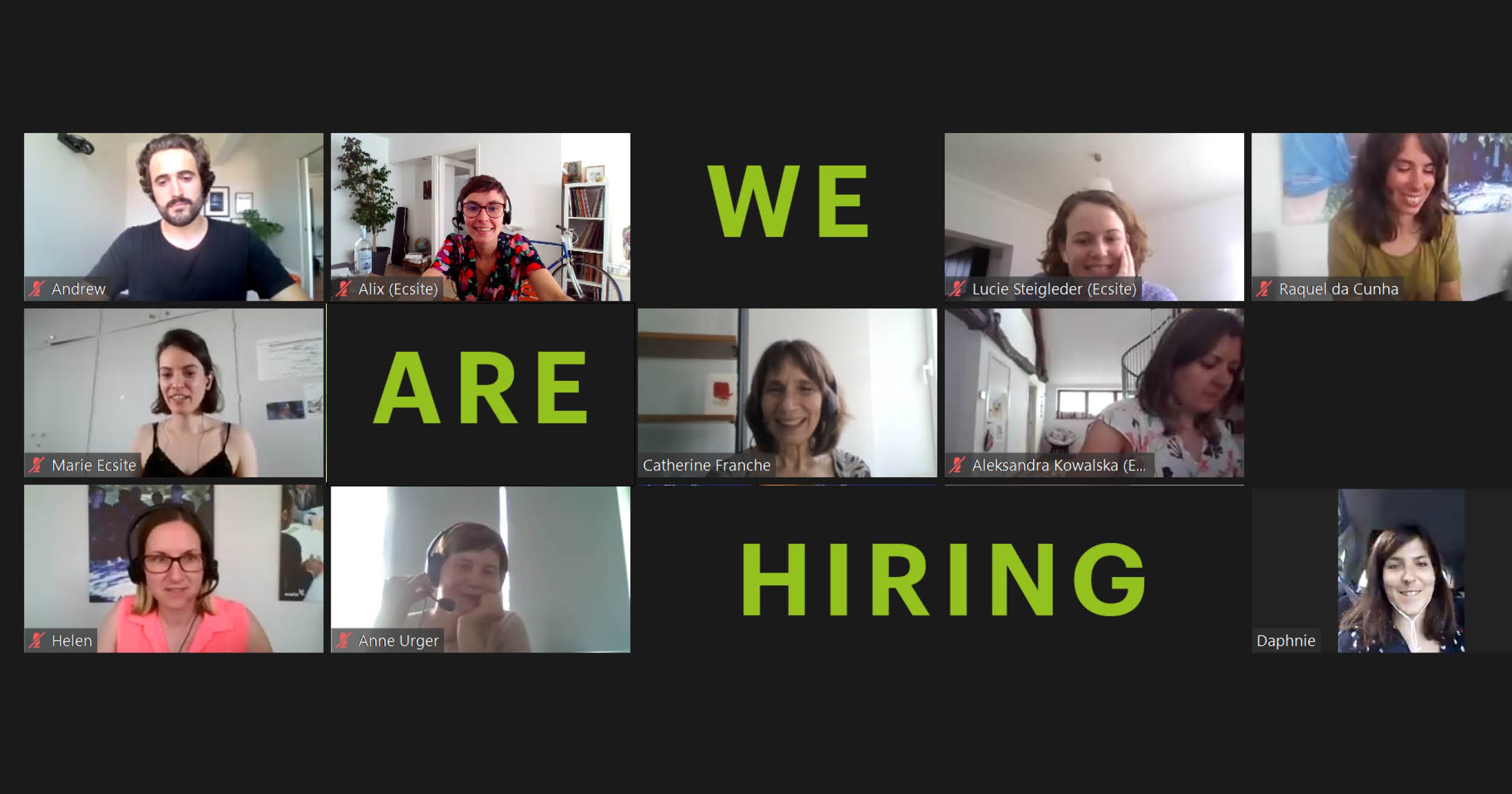 Ecsite's team on a Zoom meeting with the text 'We are hiring'
