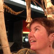 Kate Phillips looking at dinosaur skeletons