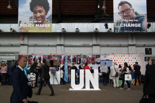 UN stand / UNRIC at European Development Days, 6-8 June 2017, Brussels. 'You are the policy maker' says the campaign banner, reflecting the Sustainable Development Goals' bottom-up approach. 