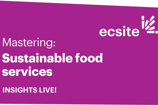 Purple coloured square with the words "mastering sustainable food services - Insights Live"