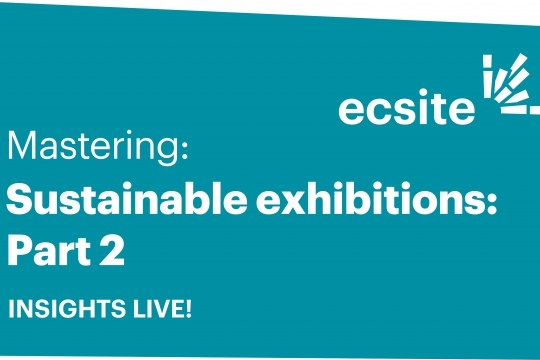 Blue coloured square with the words "mastering sustainable exhibitions part 2 - Insights Live"