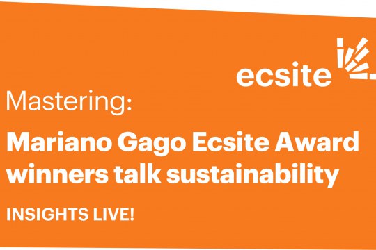 Orange coloured square with the words "Mariano Gago Ecsite Award winners talk sustainability"