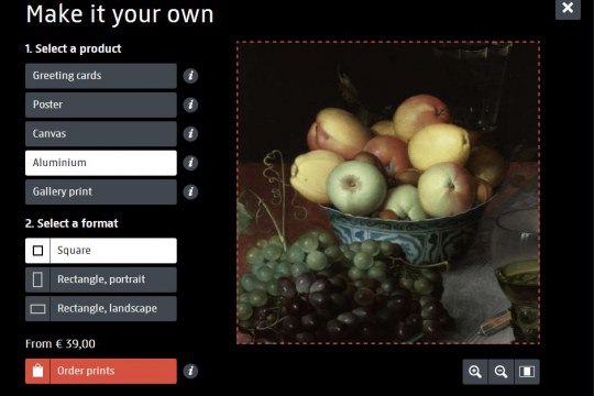Rijkstudio, a personalized online tool allowing visitors to create their own collection and download it for creative projects – or buy posters, cards etc. of their favourite pieces. www.rijksmuseum.nl/en/rijksstudio