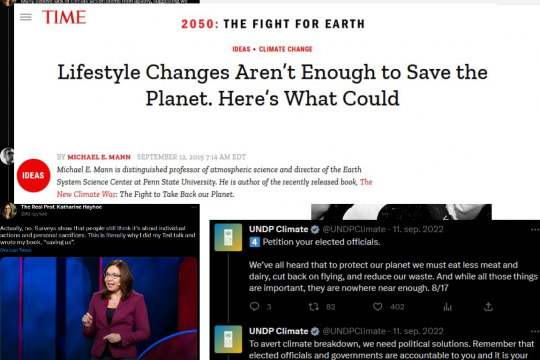 Screenshot of Jens Astrup presentation, mix of tweets and newspapers screenshot. Main message can read: life changes arent enough to save the planet: here's what could